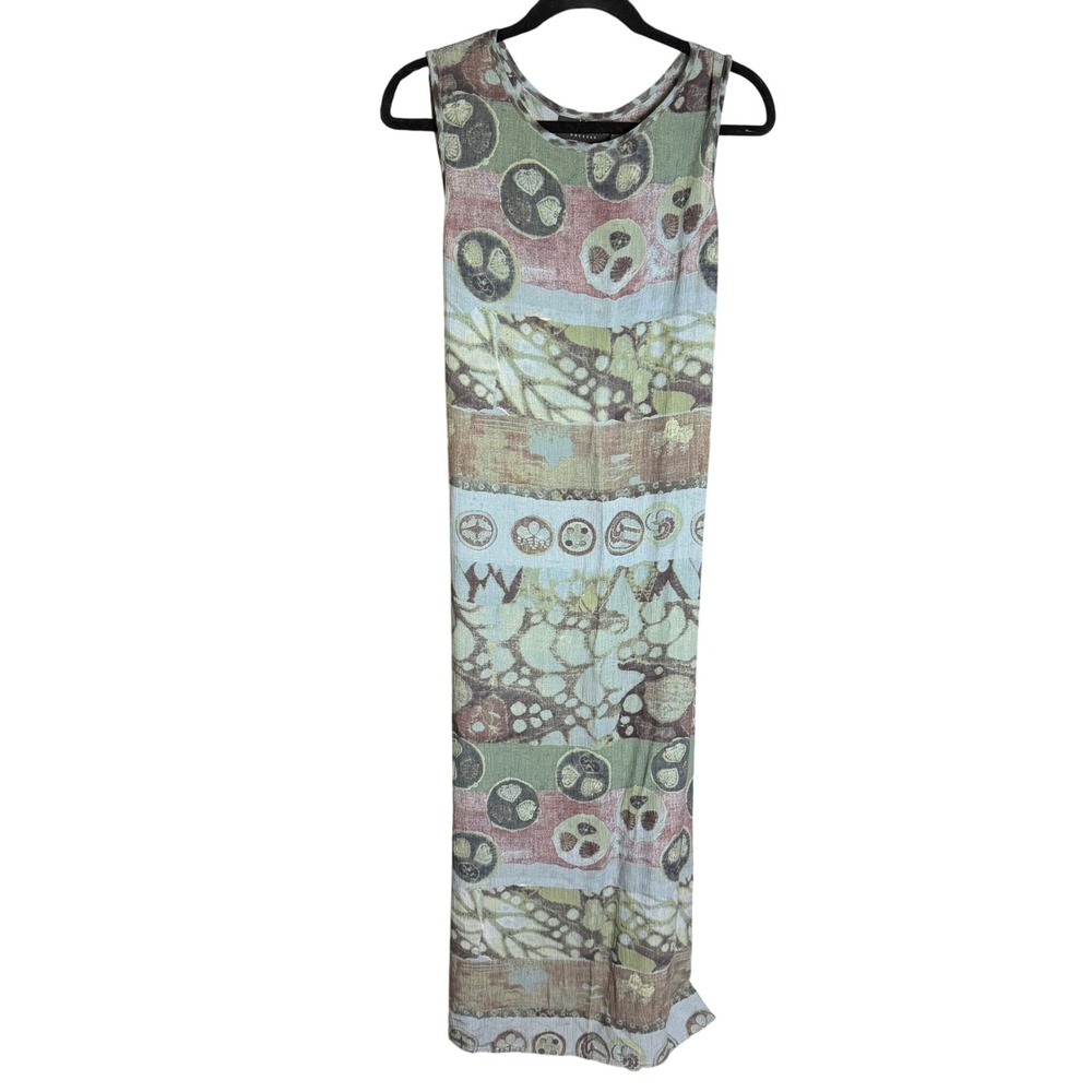 Carole Little Midi Dress Women Size 12 Green Blue Good Vintage 90s Boho Tie Back